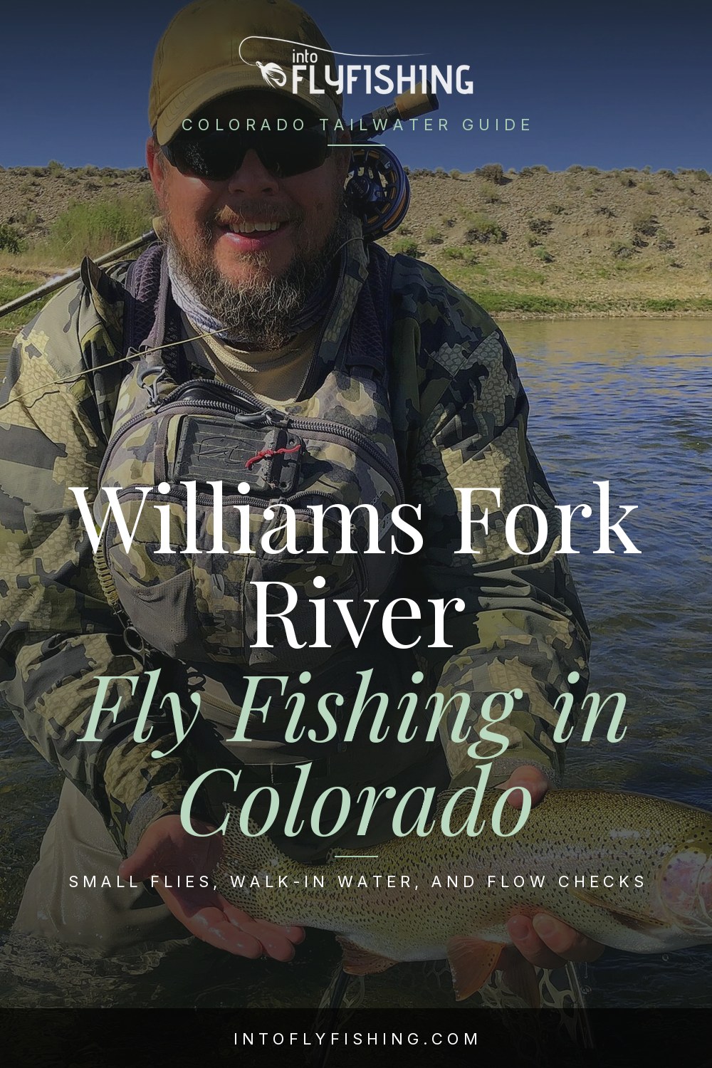 Williams Fork River Colorado fishing guide pin over a general rainbow trout photograph.