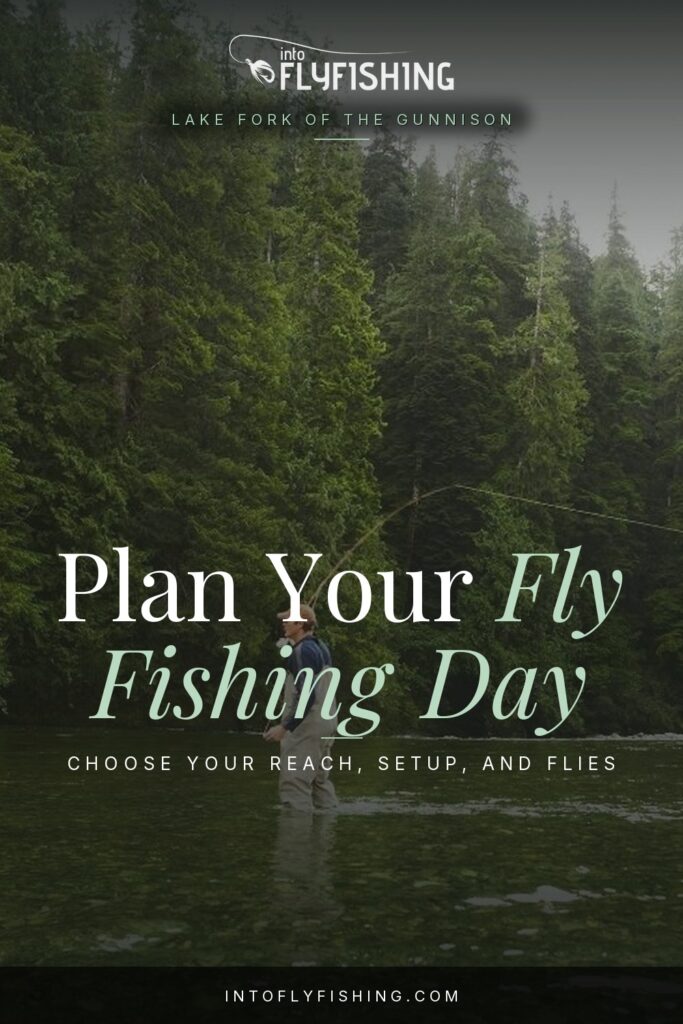 Fly fishing trip planner text over an angler wading a wooded stream.