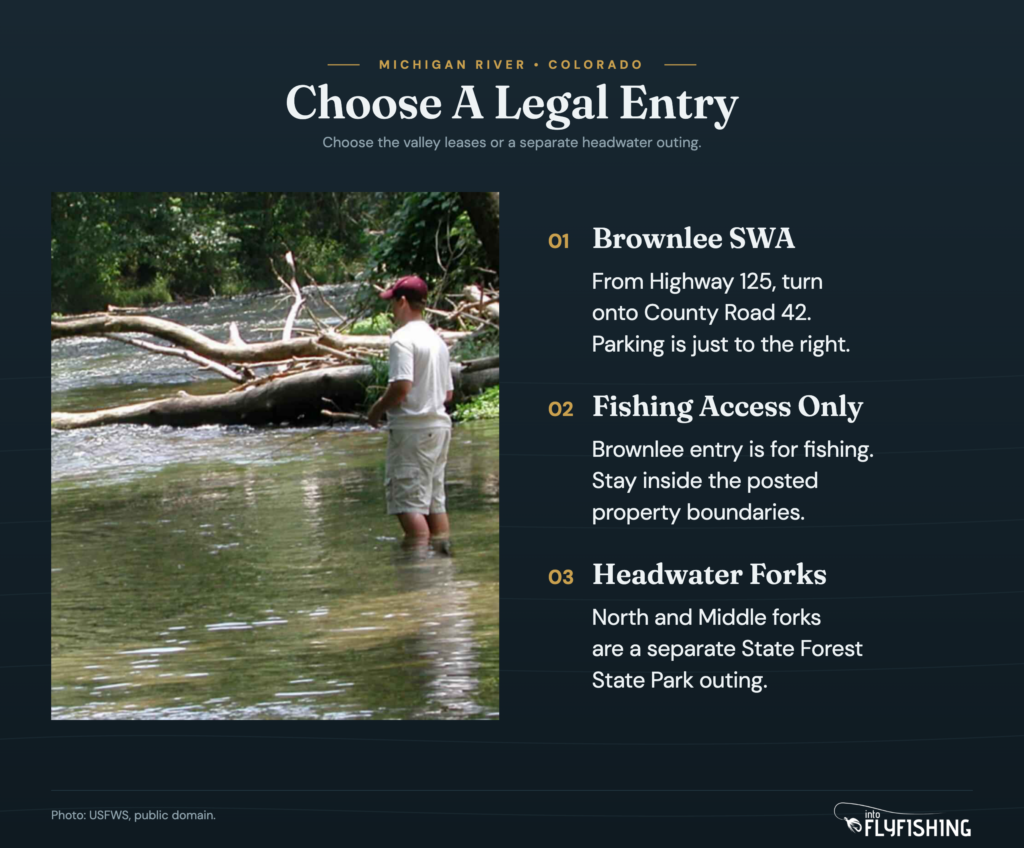 Michigan River Colorado access guide contrasting Brownlee valley fishing access and the State Forest headwater forks.
