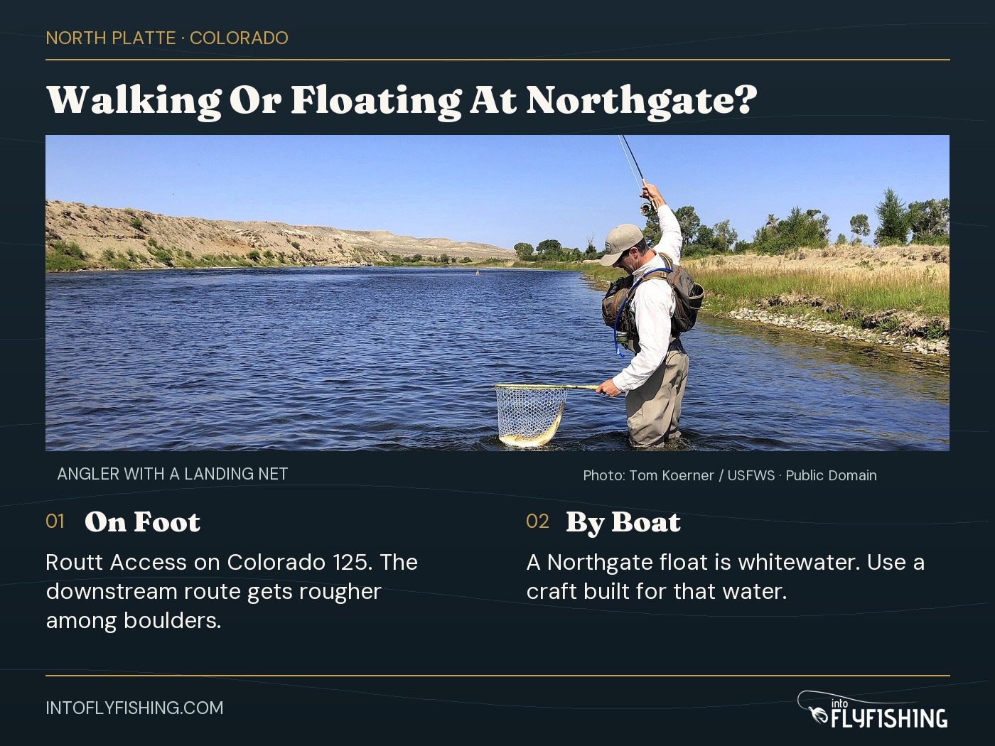 Northgate access choices: walking downstream from Routt Access gets rougher among boulders; floating involves whitewater. Photograph of an angler holding a landing net.